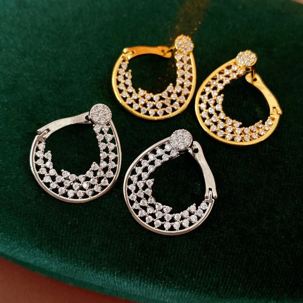 Luminous Chic Gold Tone Multi Row Pavé Zircon Floral Teardrop Hoop Earrings for Women Wedding Anniversary Dinner Fashion Jewelry