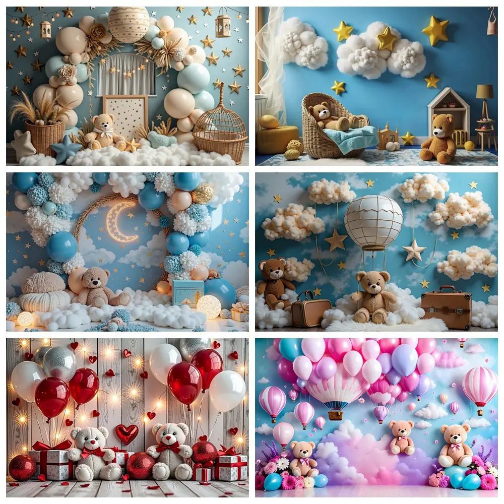 

Teddy Bear White Blue Pink Birthday 1 Year Backdrop Boy Girl Drapes Balloon Background Sign Indoor Party Photozone Props