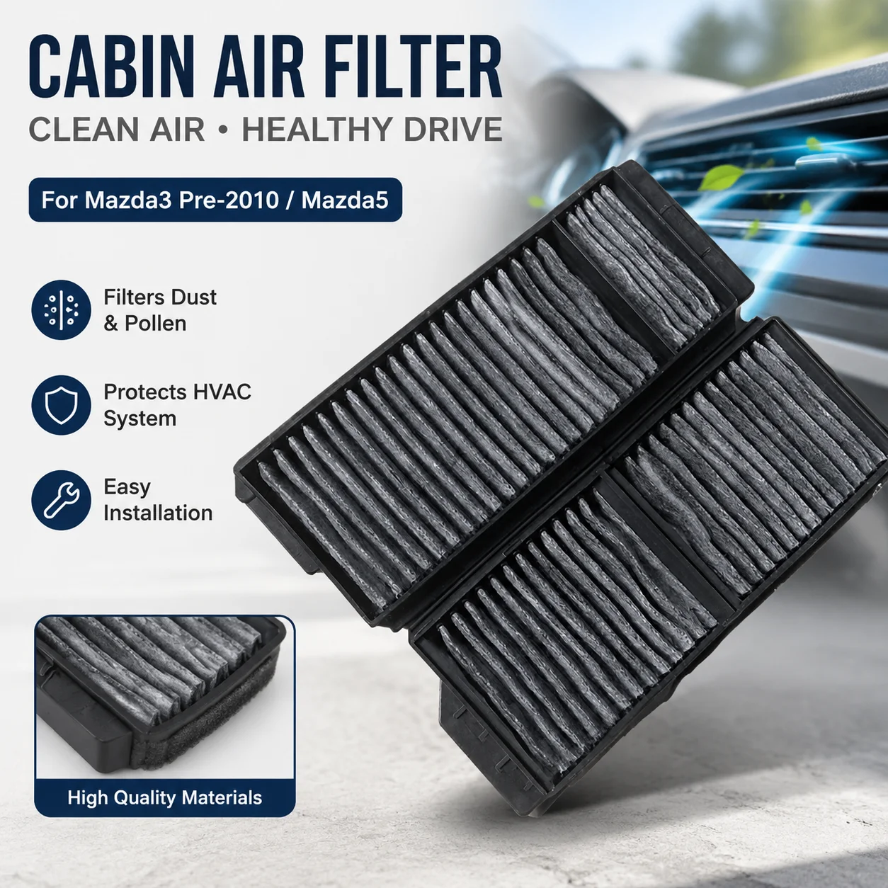 Cabin Air Filter Dustproof Easy Installation For Mazda3 Pre-2010 Mazda5 Car Replacement Part