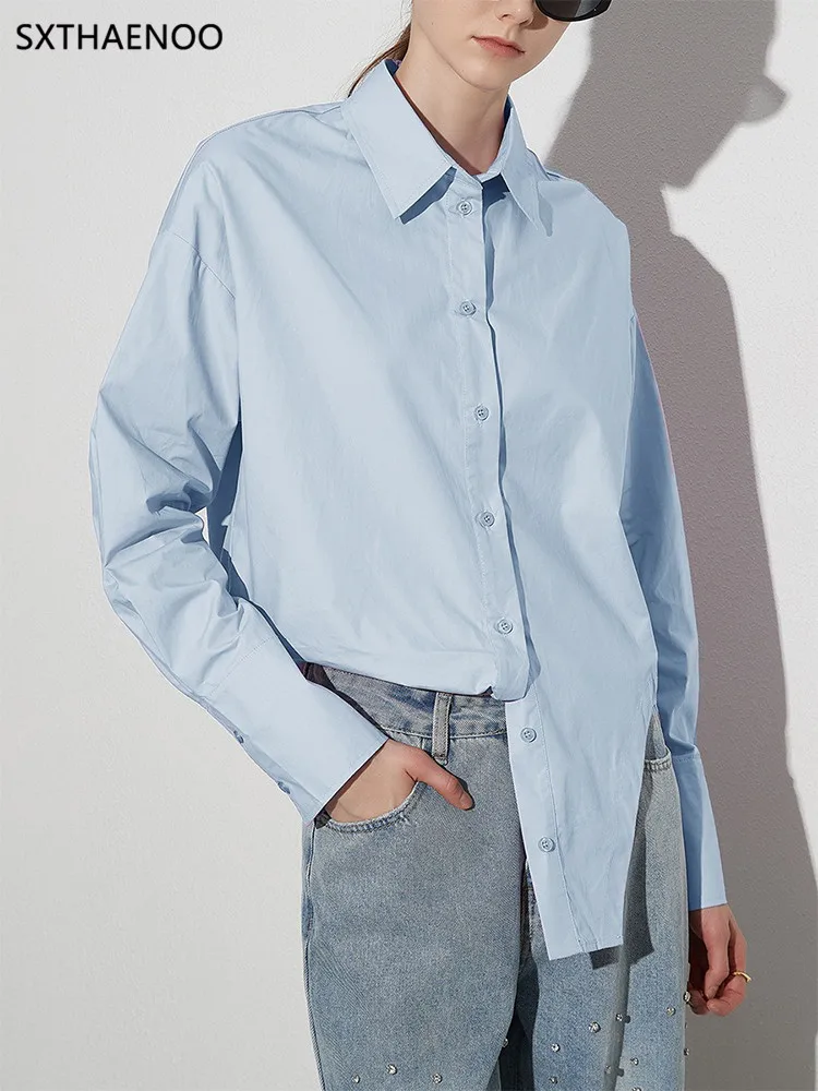 

SXTHAENOO 2025 Autumn Women's Shirt New Fashion Lapel Loose Single Braested Long Sleeve Solid Color Simple Blouse Female Tide