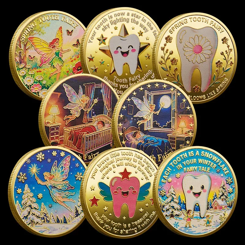 Tooth Fairy Gold Plated Commemorative Coin Personalized Tooth Replacement Lucky Coin in Spring Summer Autumn and Winter