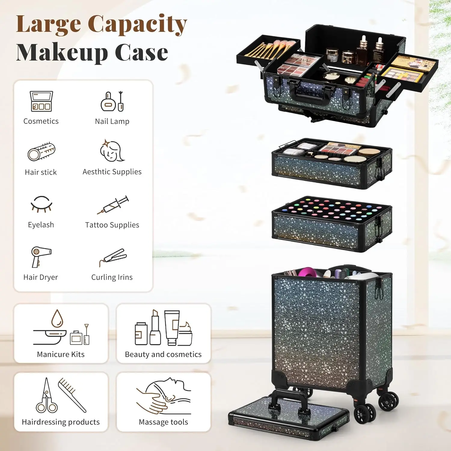 Rolling Makeup Train Case 5in1 Cosmetology Case on Wheels Large Cosmetic Organizer Travel Cart for Hairstylist Artist Nail Salon