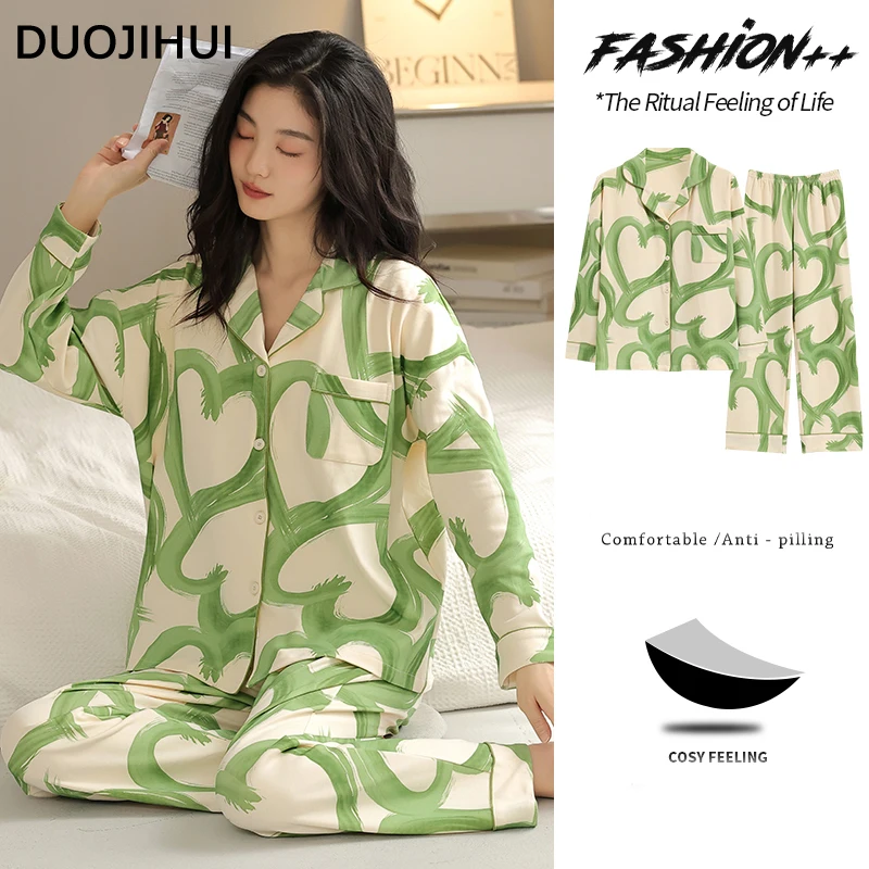 DUOJIHUI Two Piece New Casual Home Pajamas for Women Contrast Color with Chest Pad Cardigan Loose Pant Simple Female Pajamas Set