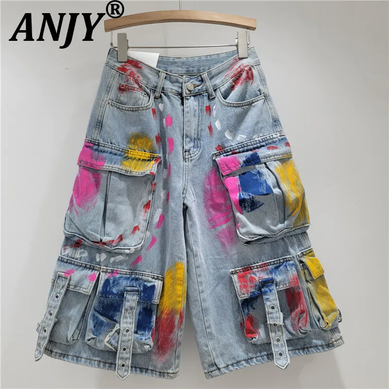 

ANJY Summer New Women Streetwear Jeans Safari Style Heavy Craft Painted Denim Shorts Casual Stylish Straight Cropped Pants A8582