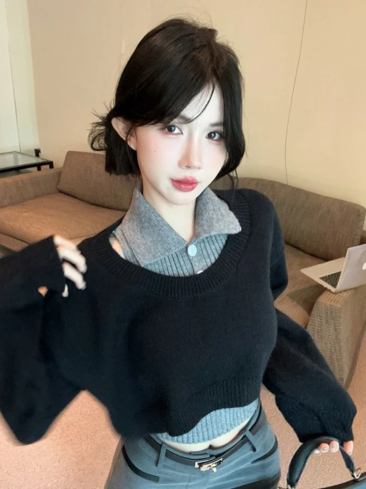 

Fashion Lapel Neck Slim Fit Knitted Vest Tops Women+ Y2k Long Sleeve Sweaters Mujer 2025 Autumn New Black Two Piece Sets