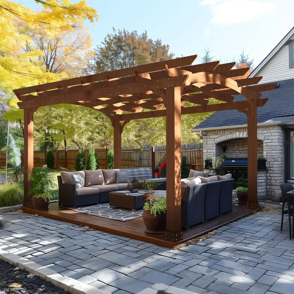 

10x12 FT Wooden Pergola, Cedar Wood Gazebo with Arched Roof, Outdoor Garden Shelter with Stakes Included, Patio, Deck, Backyard