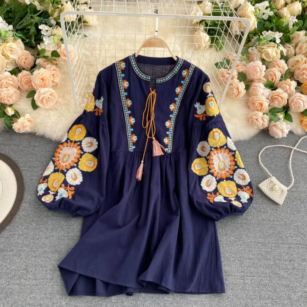 Neploe Women Lovely O Neck Puff Sleeve Print Dress Ethnic Style High Waist Tassels Lace Up Robe Casual Heavy Embroidery Mujer