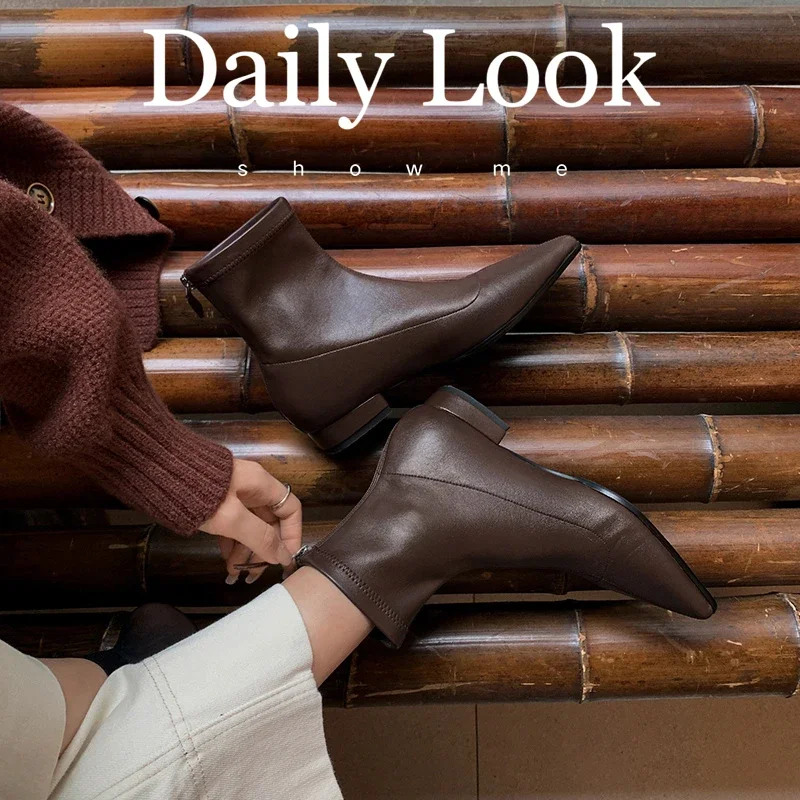 

2026 новые осенне-зимние женские ботильоны высотой 22-24,5 см, современные ботинки из эластичной микрофибры с острым носком, узкие ботинки на низком каблуке с молнией сзади