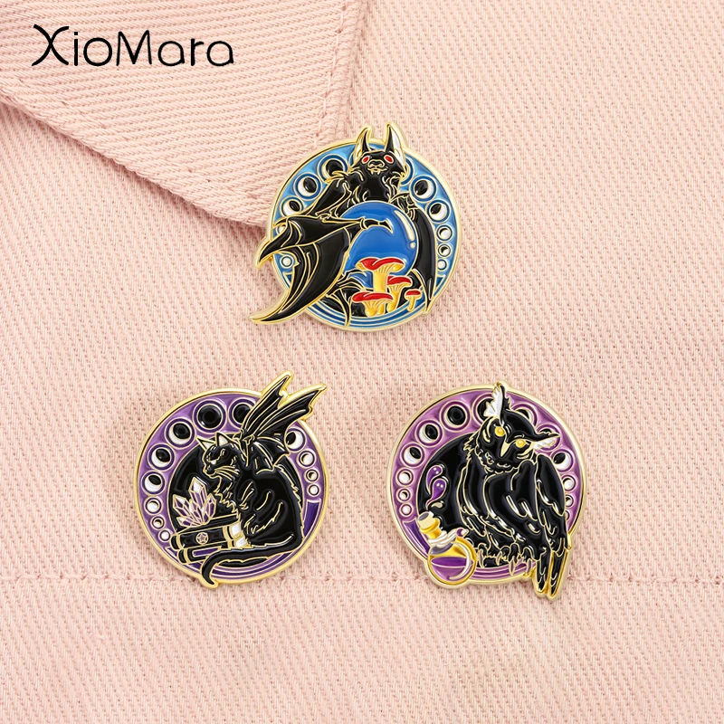 

Celestial Moon Phase Animal Enamel Pins Punk Owl Vampire Bat Magic Potion Halloween Brooch Lapel Badge Jewelry Gifts for Friends
