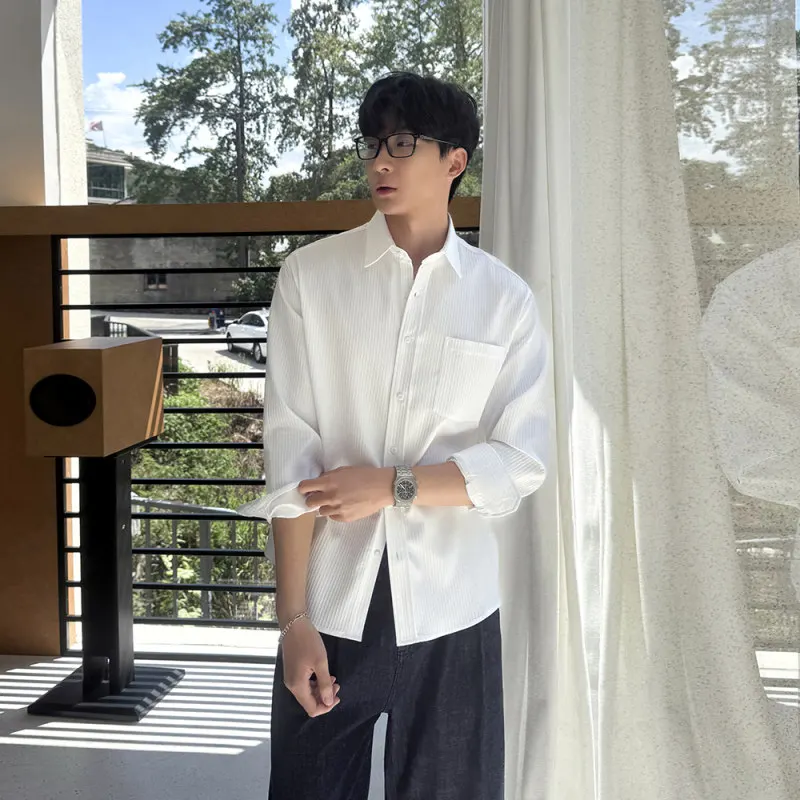 

Мужская рубашка с длинным рукавом, текстурированная, повседневная, винтажная, высококачественная, в полоску, для деловых встреч, осенняя, из чистого хлопка, свободного кроя