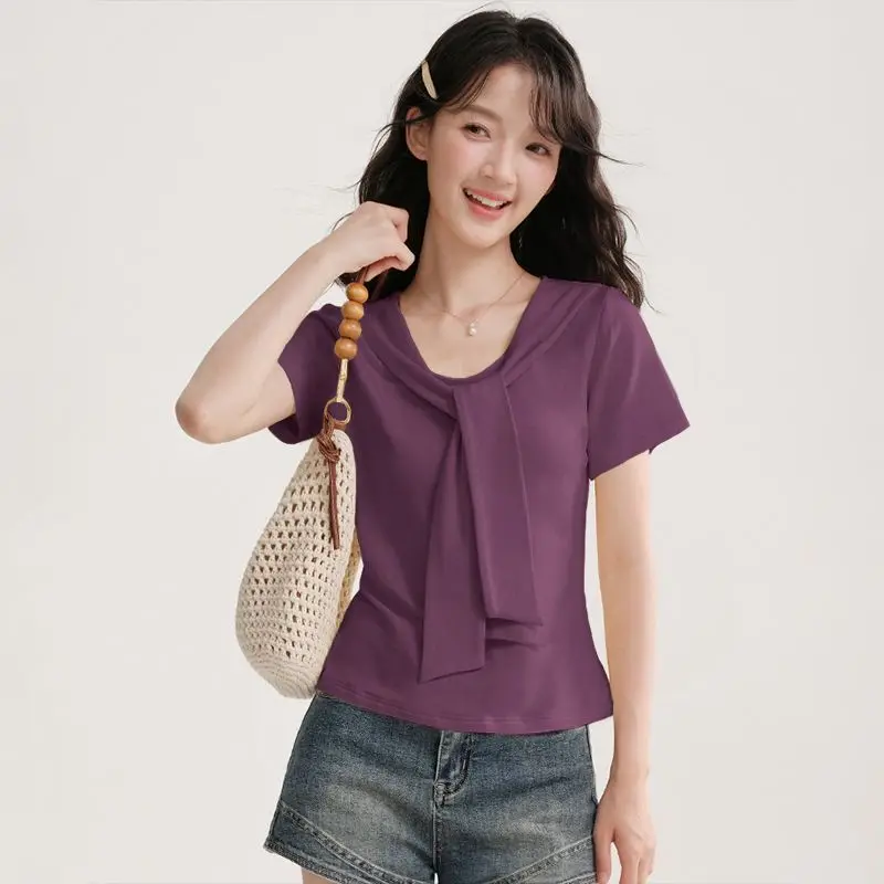 

Women's Clothing Patchwork Shawl T-shirt Summer Sense of Design Unique Short Sleeve Tee Office Lady O-neck Versatile casual Tops