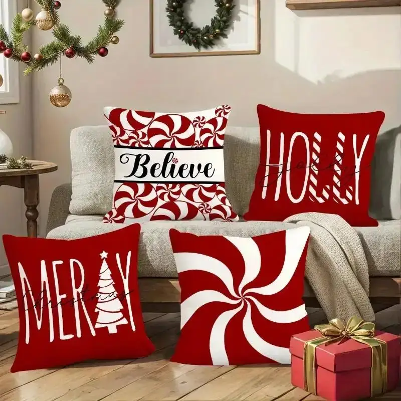 Christmas Decorative Throw Pillow Cover Red Candy Cane Pattern Single-Sided Linen Printed Winter Holiday Gift Home Decor