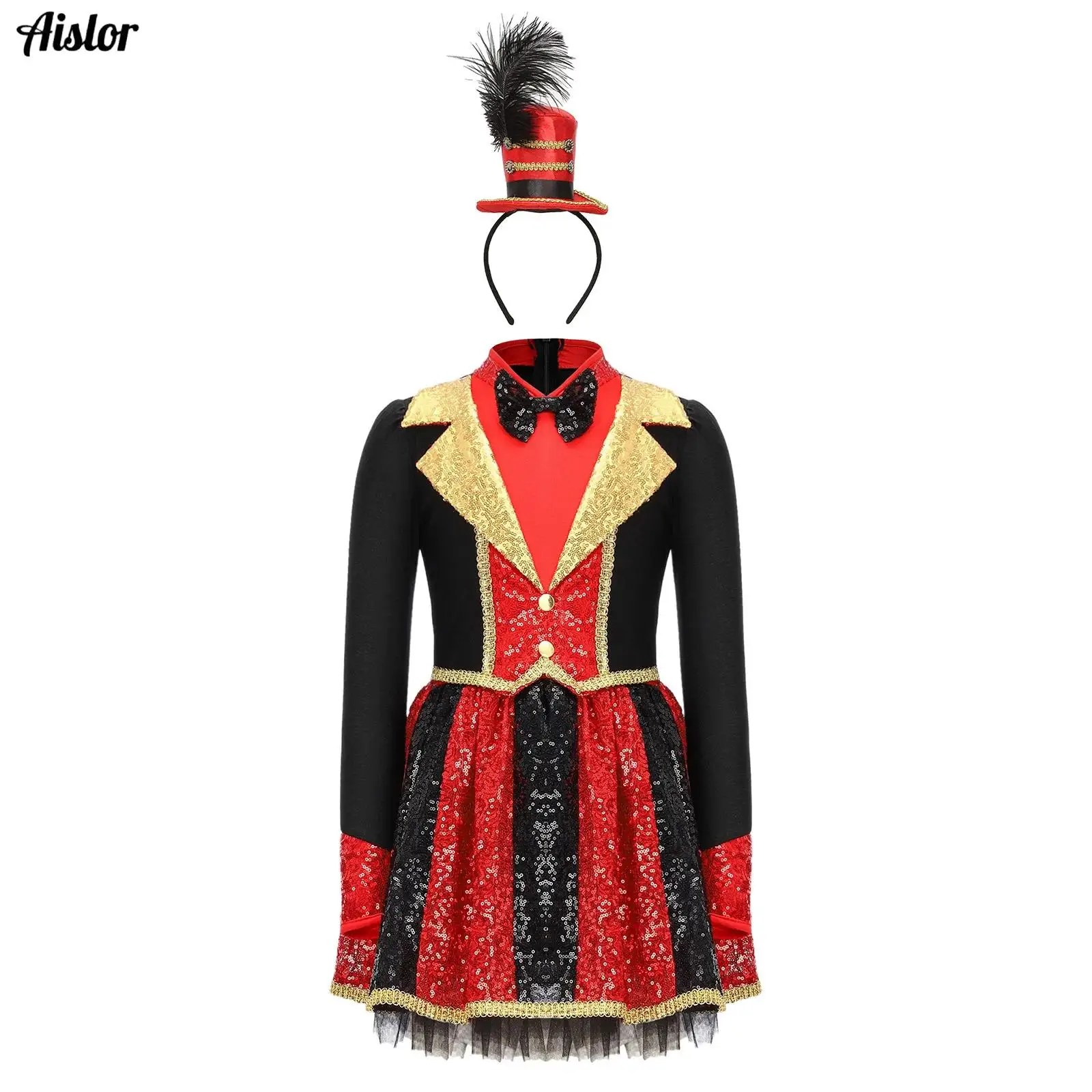 

2Pcs Girl's Halloween Circus Cosplay Costume Shiny Sequins Long Sleeve Bow Tie Back Color Block Puffy Dress and Top Hat Headband