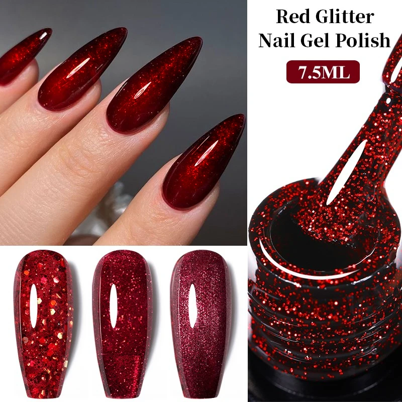 UR SUGAR 7.5ML สีแดง Glitter เลื่อมเจลเล็บกึ่งถาวรเคลือบเงาเล็บเจล Polish Soak Off UV LED เจลเล็บ Top Coat