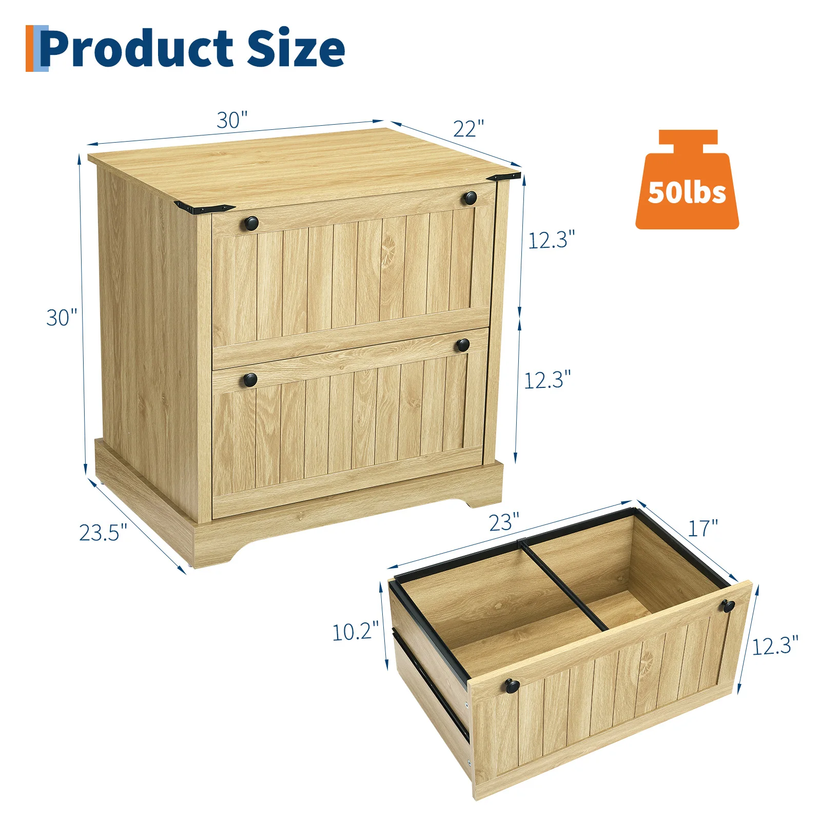 2 Drawer Farmhouse File Cabinet with Hanging File Folders for A4/Letter/Legal Size Documents,30