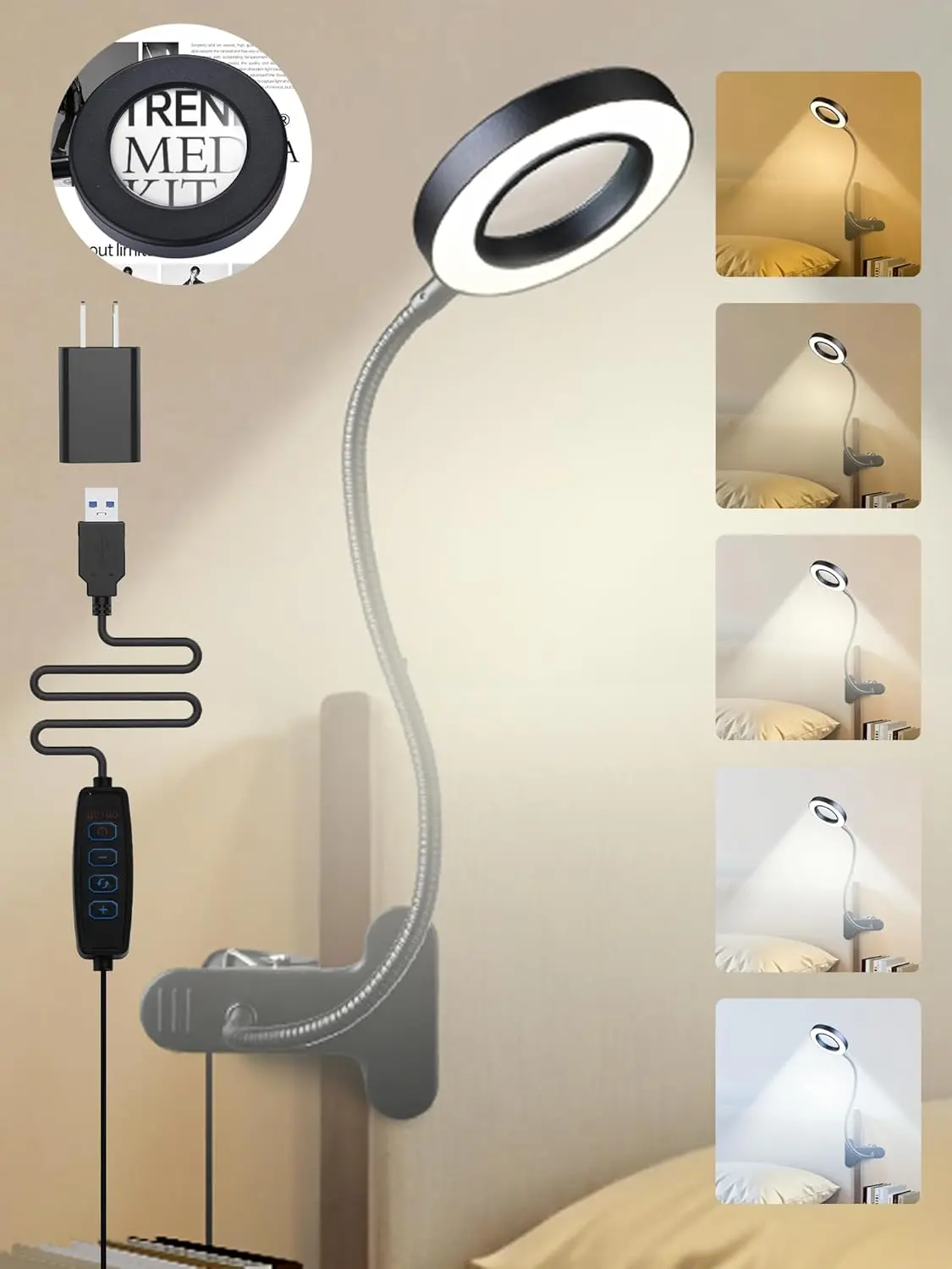 10X Magnifying Glass with Light, 5 Colors & 10 Brightness Levels, 58 LED Desk Lamp for Reading, Work, Nail Art