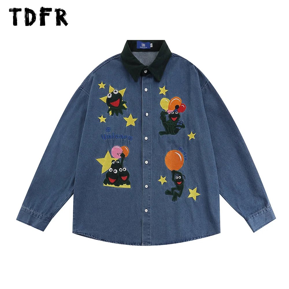 Frog Embroidery Denim Shirts Mens Autumn Retro Casual Patchwork Lapel Long Sleeve Single Breasted Shirts Men