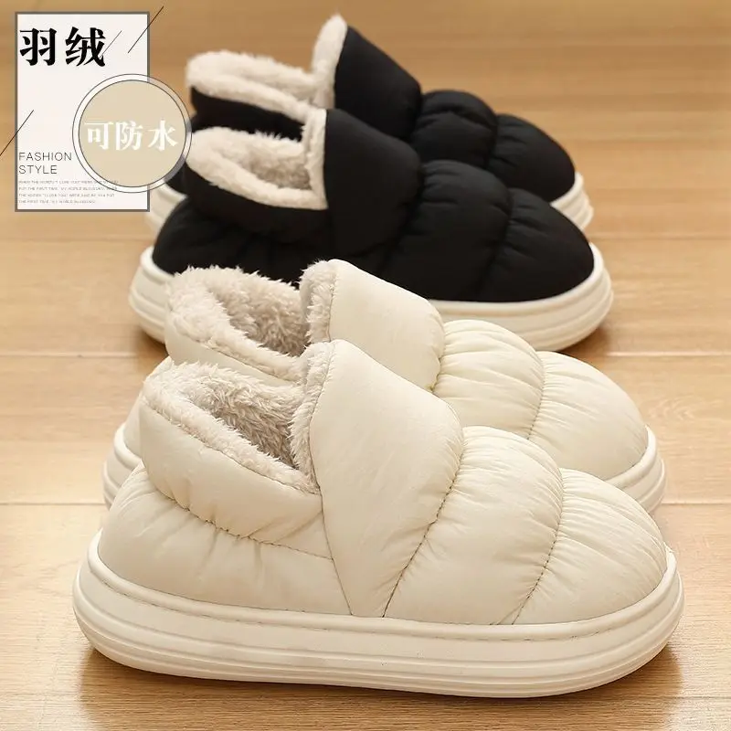 Litfun Winter Down fabric Women's Slippers Waterproof Non-slip Slides Warm Cozy Indoor Slippers Plush Lining Women Cotton Shoes
