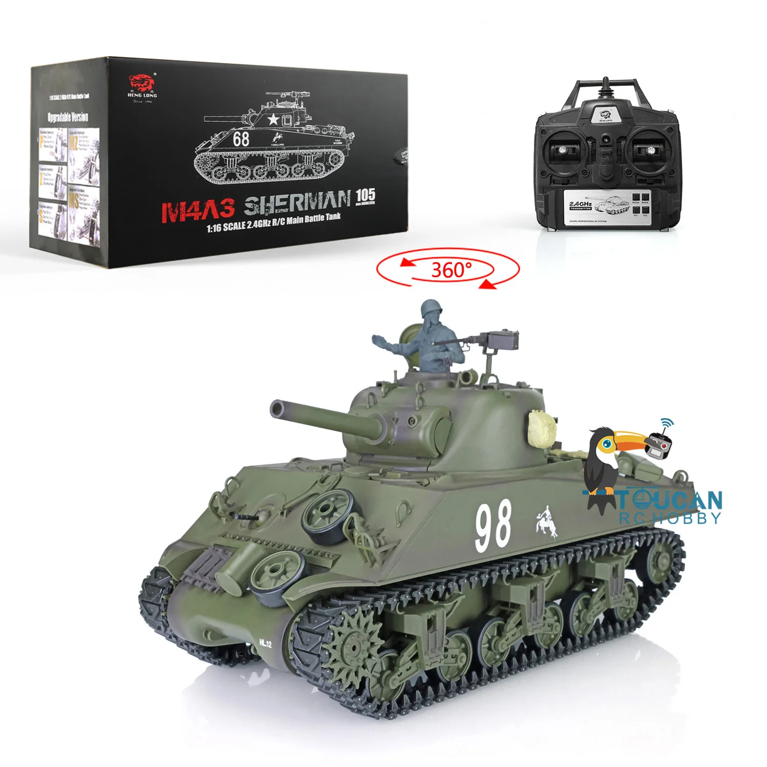 1/16 7.0 Henglong Toucanhavy DIY 플라스틱 탱크, M4A3 SherRC 3898, 360 메가 터렛 배럴 반동