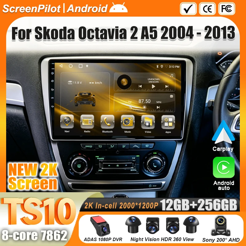 Android 16 For Skoda Octavia 2 A5 2004-2013Car Radio Stereo Head Unit Multimedia Video Player GPS Navigation 2K QLED 9 Inch 5G