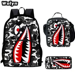 Cartoon Camouflage Shark Child Backpack with Front Pocket,Lunch Bags,Pencil Bags for Aged 5-10 Cartoon Bags Boys Girls,Best Gift