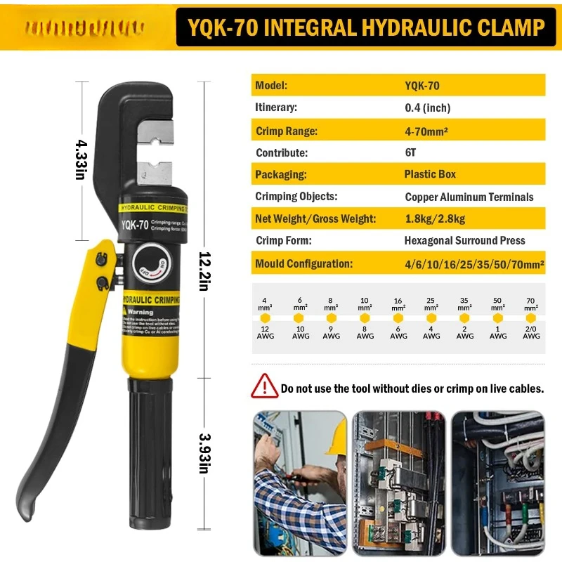 6 Ton Hydraulic Cable Lug Crimper Pliers 12 AWG to 2/0 AWG Hand Operated Hydraulic Crimping Tool Kit Wire Terminal