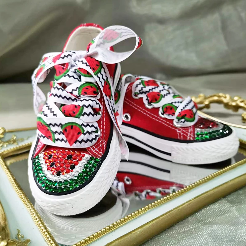 Canvas Shoe Custom Handmade Watermelon Low-Top Canvas Light Up Casual Flats Kids Crystal Girl Boys Sneakers