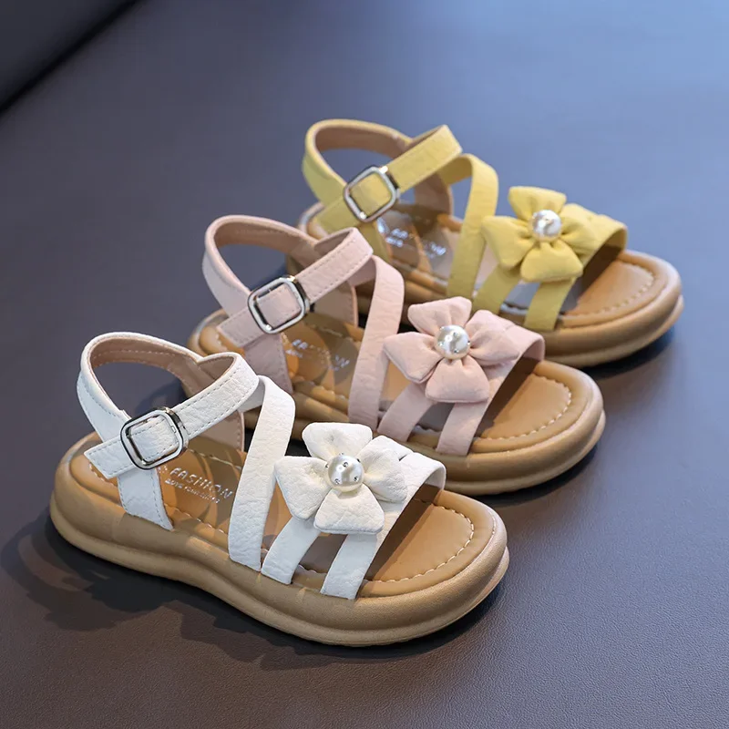 

Girls Sandals Soild Color Versatile Kids Princess Shoes Sweet Flowers 2025 Summer New Children Beach Shoes Open Toes Soft Sole