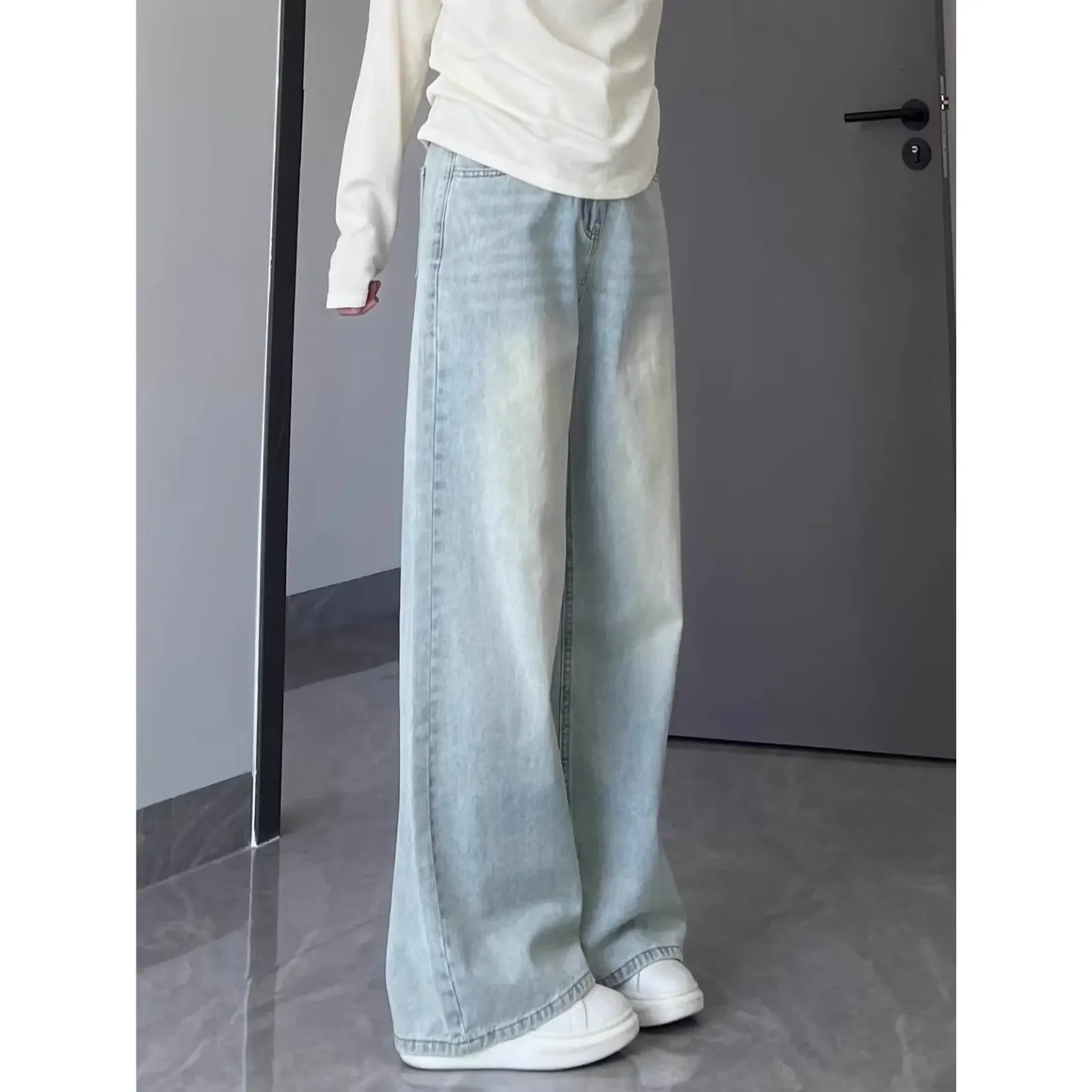 Vaqueros acampanados de color claro retro francés para mujer en verano pequeños pantalones de pierna ancha rectos acampanados grandes de cintura alta primavera y otoño