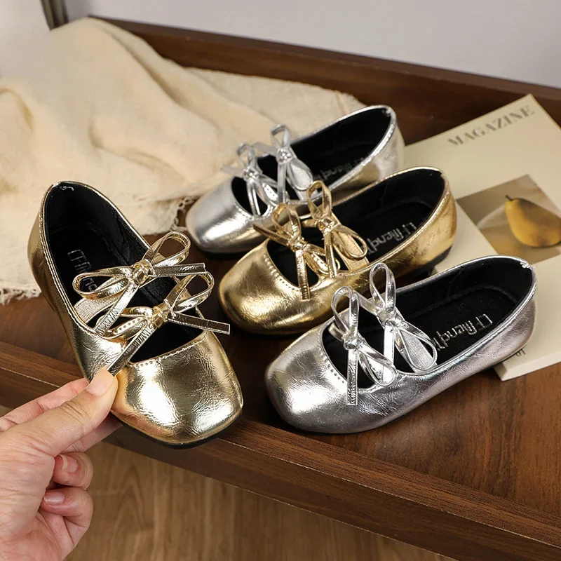 Children's Loafers Gold Silver Versatile Kids Causal Princess Leather Shoes Fashion Versatile Little Girls' Flat Shoes for Dance