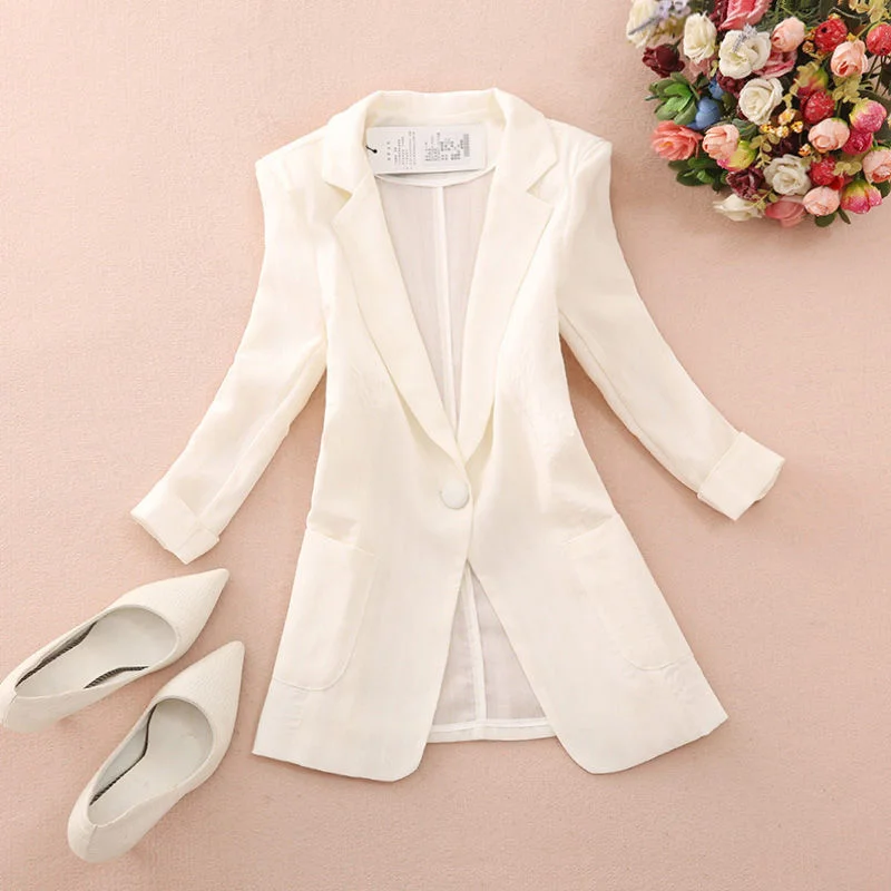 Women\'s Cotton Linen Blazers New Summer Clothes Slim Single Button 3/4 Sleeves Thin Suit Coat Female Outerwear Casual Tops 3XL