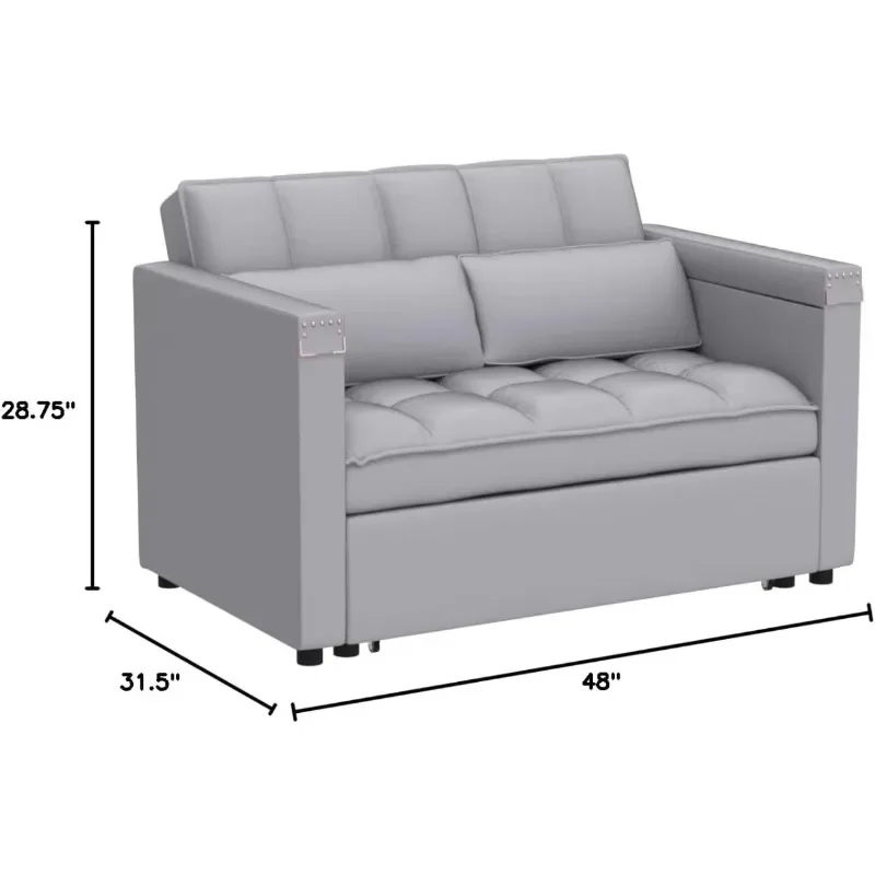 Convertible Sofa Bed, 48'' Loveseat Chaise Lounge with Adjustable Backrest and Pillows, Hidden Side Table, Small Space