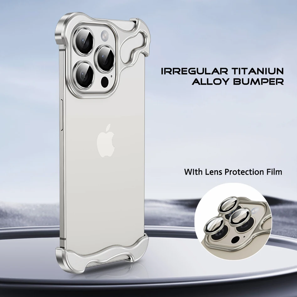 Luxury Irregular Metal Framless Aluminum Alloy Phone Case 14 12 13 15 Pro Max 15 Plus With Lens Film Protection Shockproof Cover