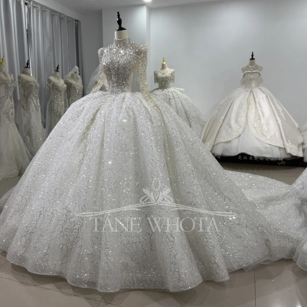 웨딩드레스 하이 롱 슬리브 크리스탈 스팽글 웨딩드레스 레이스업 키홀 백 맞춤형 볼 가운 신부용