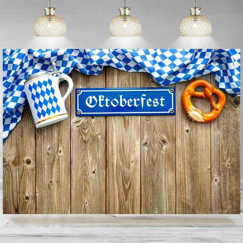 

Oktoberfest Party Backdrop Decoration Banner Checkered Flag Brown Wooden Planks Photography Background German Beer Festival