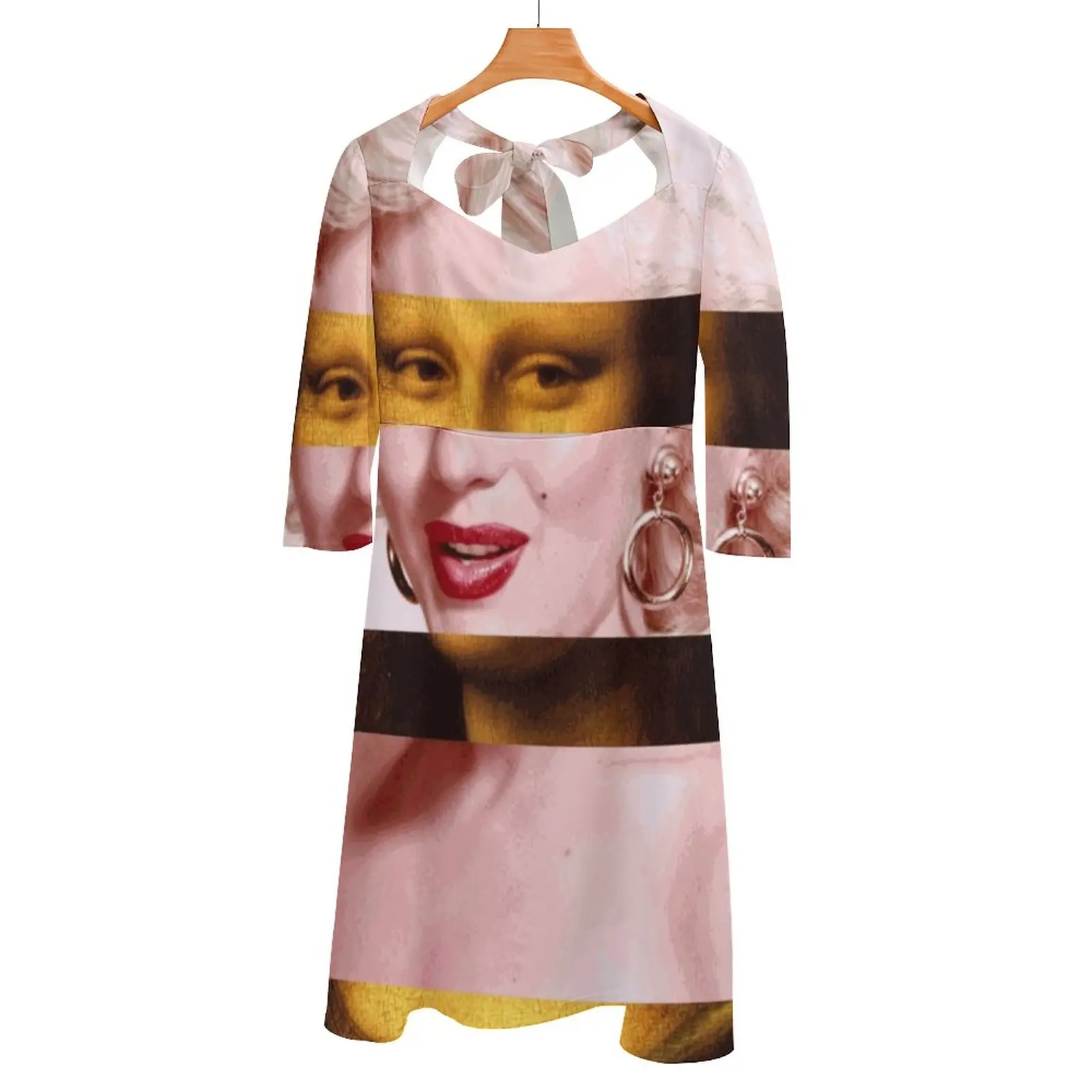 Leonardo Mona Lisa And Marylin Monroe Back Lacing Backless Dress Square Neck Dress Sweetheart Knot Flared Dress Mona Lisa