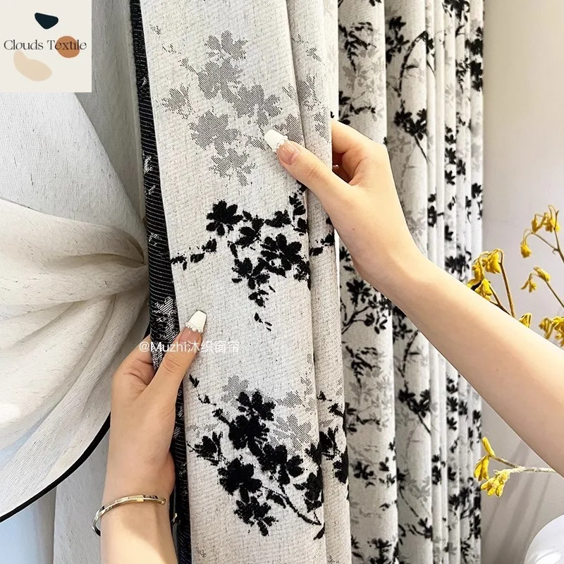

Custom Size！！European Colored Jacquard Blackout Flax Texture Bottom French Black and White Ancient Style Curtains Fashion Decor