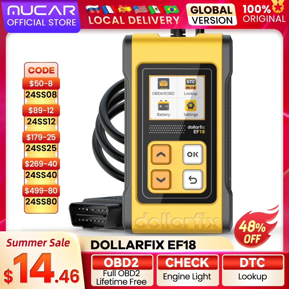 DollarFix EF18 OBD2 Scanner DTC Lookup Car Scan Tools Car Code Reader Auto Scanner Check Engine PK ELM327 Lifetime Free