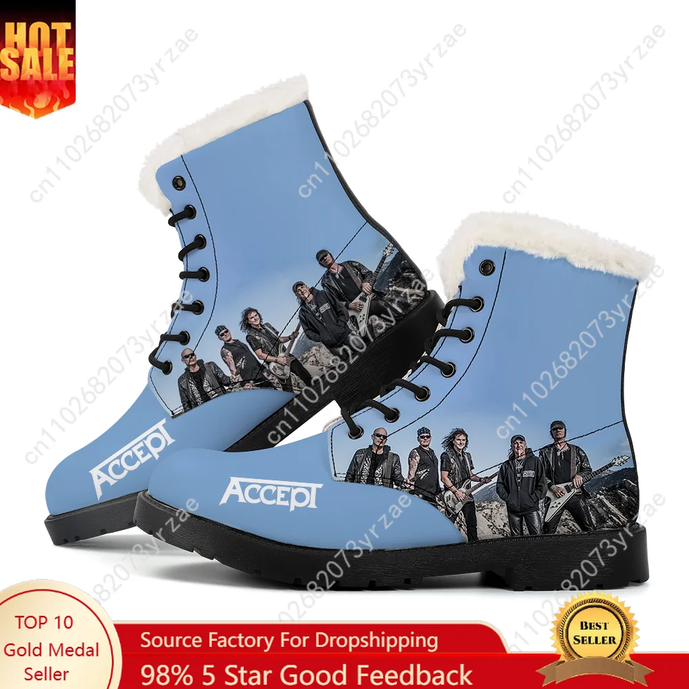 

Accept Band Plush Boots Mens Womens Teenager Casual Shoes Outdoor Keep Warm Leather Boot Couple Print High Quality Custom Shoes