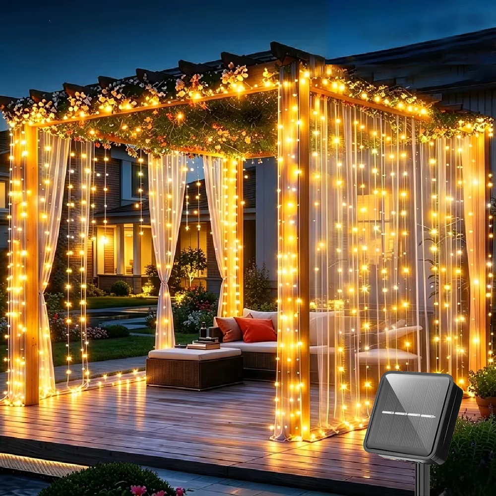 Solar-powered Fairy Curtain Lights 300/200/100LED Outdoor Light Strip 8 Flashing Modes for Garden Yard Wedding Party Balcony