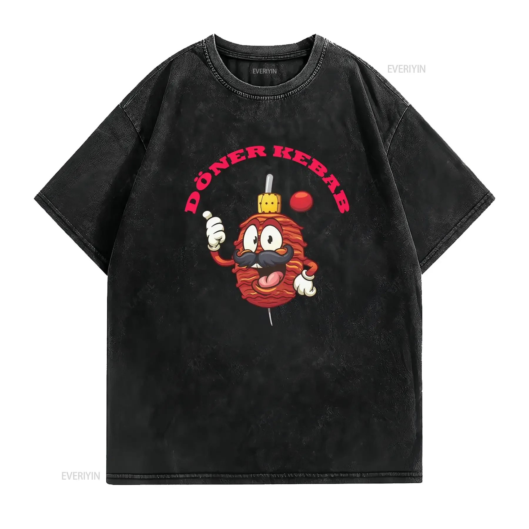 Men's Fun Cartoon Kebab T Shirt Casual for Summer Breathable vintage Washed Slightly Comfortable Top For Everyday Wear