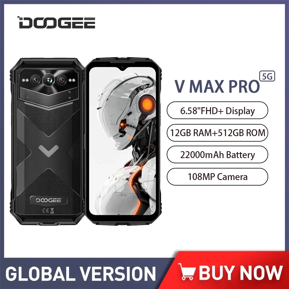 DOOGEE V MAX PRO 5G Rugged Smartphone Android 14 Dimensity 7050 6.58 Inch 12GB+512GB Mobile Phone 108MP 22000mAh Cellphone NFC