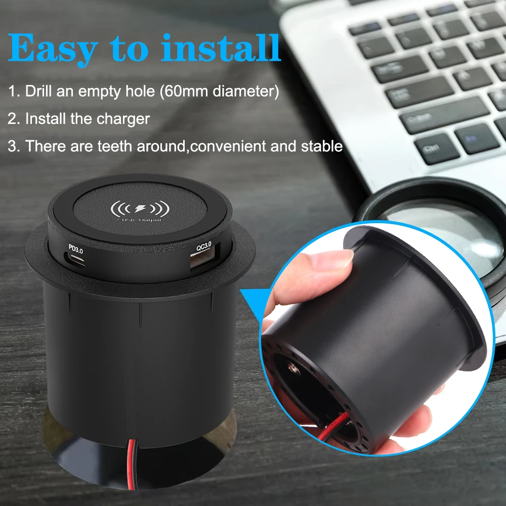 For Camper Truck ATV Boat Car RV Outlet Socket USB Type-C Quick Charge PD 3.0 Embedded Wireless Charger Car Charger 15W