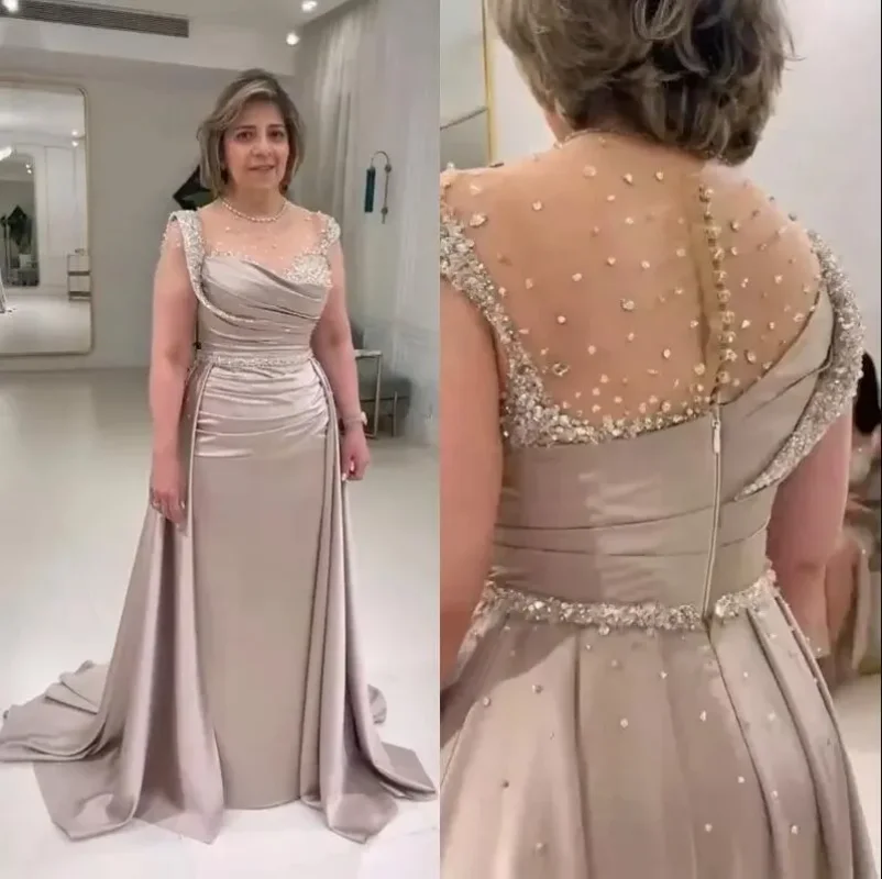 

Crystal Sequins Mother of the Bride Dresses Sweep Train Champagne Plus Size Prom Gowns Sheer Back African Wear Gown Lady's Dress