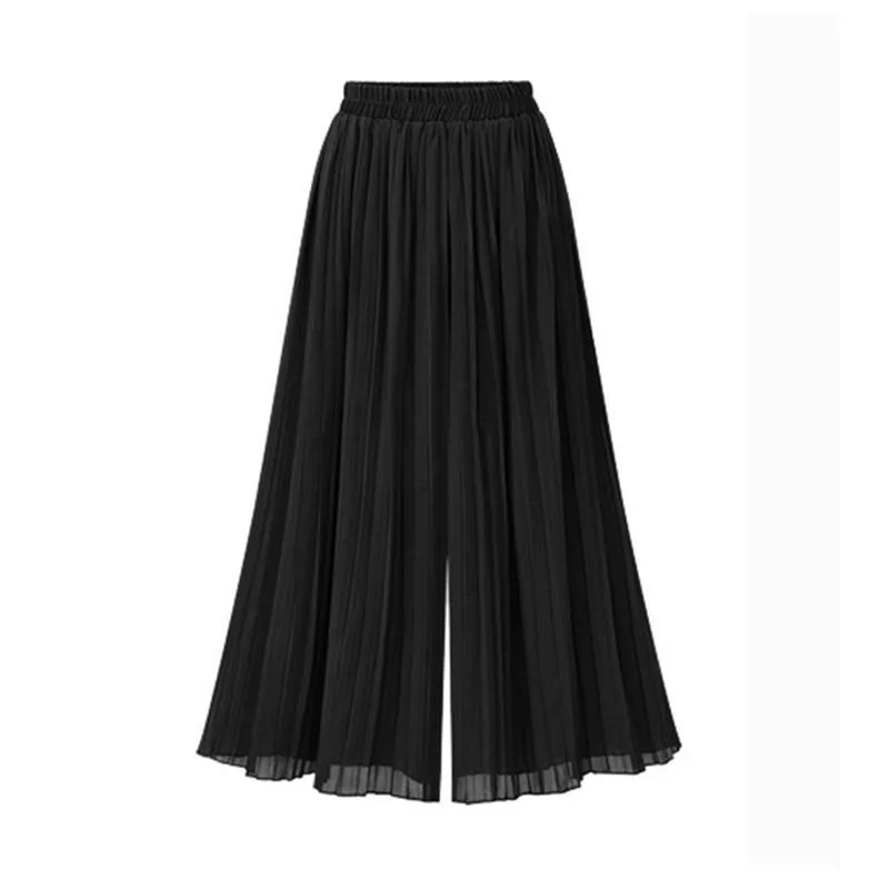 New 2023 Ankle-Length Chiffon Pleated Culotte Pants Casual Elastic High Waist Wide Leg Pantalones Baggy Womens Elegant Trousers