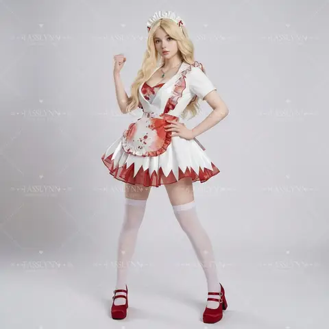 Zombie Nurse Cosplay Outfit, White Red Blood Print Jagged Hem Dress with Thigh High Socks for Halloween Horror Party Cosplay