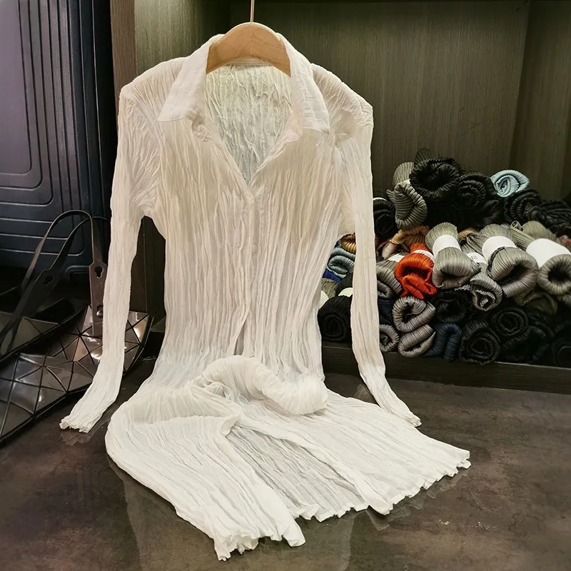 Miyake-vestido plisado para mujer, vestido camisero de Color sólido con pliegues de sentido para personas mayores, falda de longitud media plisada con solapa fina de verano 2025