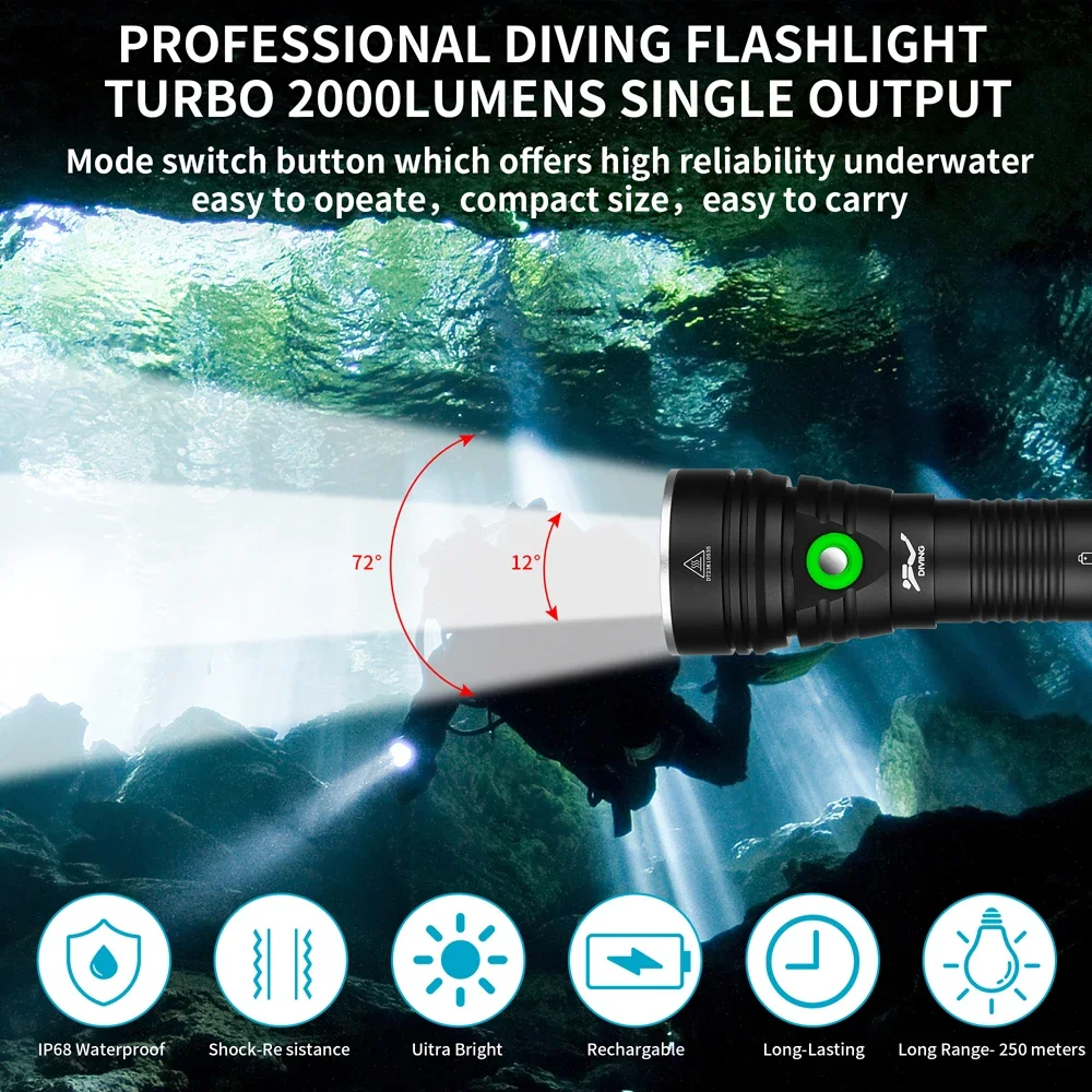 Xhp70.2 Duiken Zaklamp 8000lm Led Dive Lantaarn 5 Modi Onderwater 100M Ipx8 Waterdichte Headligh 26650 Tactiek Kamplamp