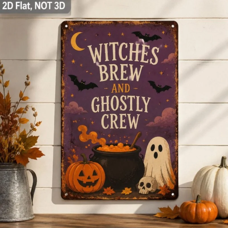 Metal Sign Purple Vintage Halloween Witches Brew Ghostly Crew Print Metal Tin Sign for Home Wall Decor Suitable for Front Doors,