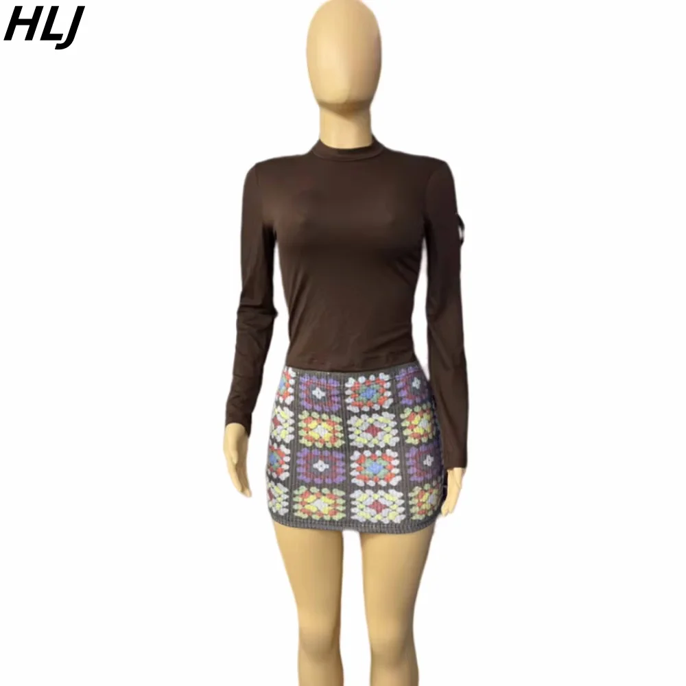 HLJ Fashion Streetwear Women Round Neck Long Sleeve Slim Top And Color Block Mini Skirts Two Piece Sets Summer New 2pcs Outfits